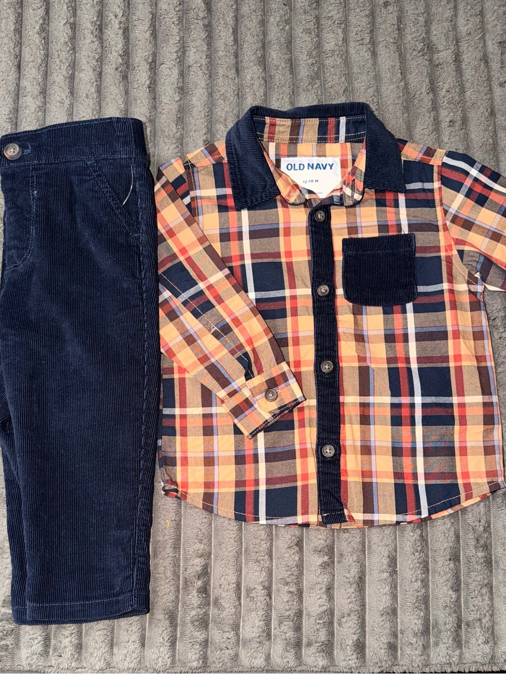 Old Navy Orange Navy Plaid Button-Down Shirt with Corduroy Trim